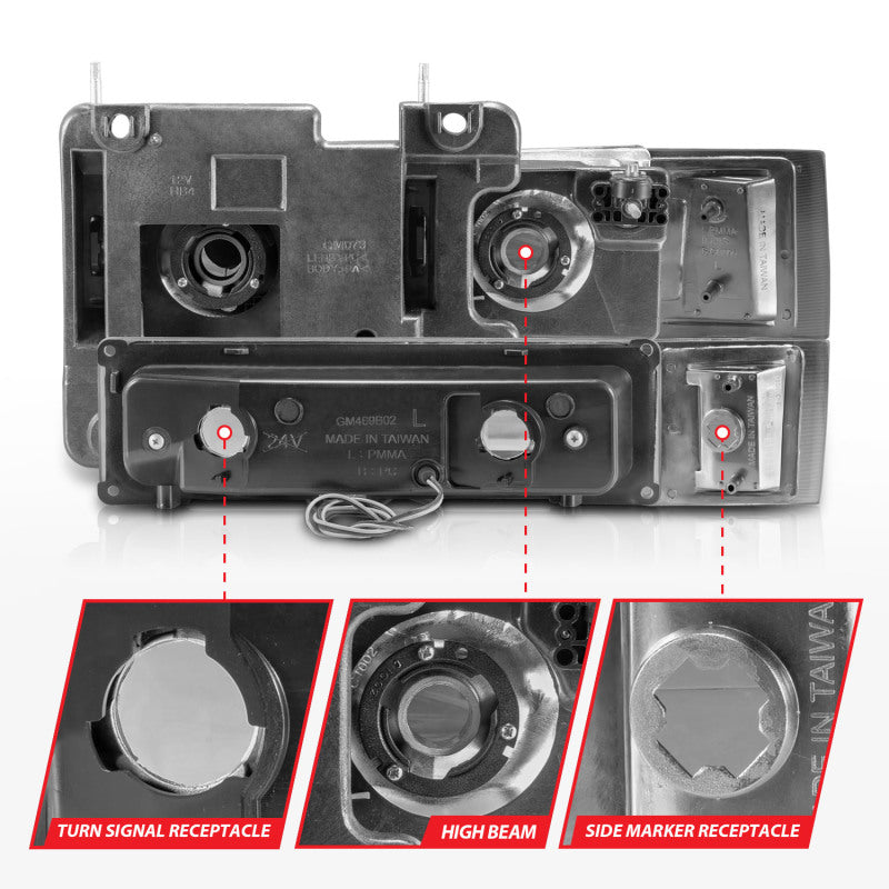 ANZO 88-98 Chevrolet C1500 Crystal Headlight Set with Light Bar - Chrome Housing and Clear Lenses (Pair)