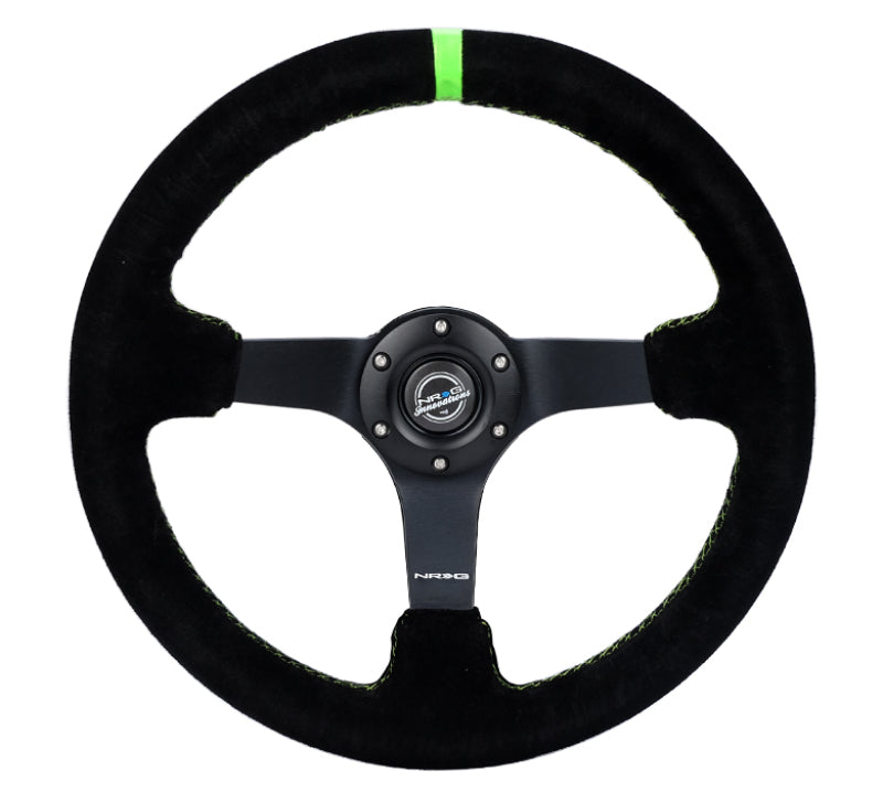 NRG Reinforced 350mm Deep Black Suede Steering Wheel with Neon Green Stitch and Matte Black Spoke * Part Number: nrgRST-036MB-S-GN