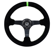 Load image into Gallery viewer, NRG Reinforced 350mm Deep Black Suede Steering Wheel with Neon Green Stitch and Matte Black Spoke * Part Number: nrgRST-036MB-S-GN