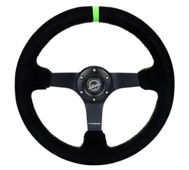 NRG Reinforced 350mm Deep Black Suede Steering Wheel with Neon Green Stitch and Matte Black Spoke * Part Number: nrgRST-036MB-S-GN