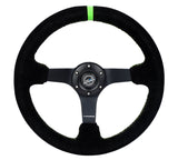 NRG Reinforced 350mm Deep Black Suede Steering Wheel with Neon Green Stitch and Matte Black Spoke * Part Number: nrgRST-036MB-S-GN