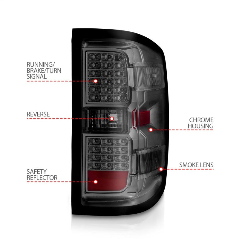 ANZO 15-19 Chevy Silverado 2500HD/3500HD LED Tail Lights with Smoke Lens and Chrome Housing