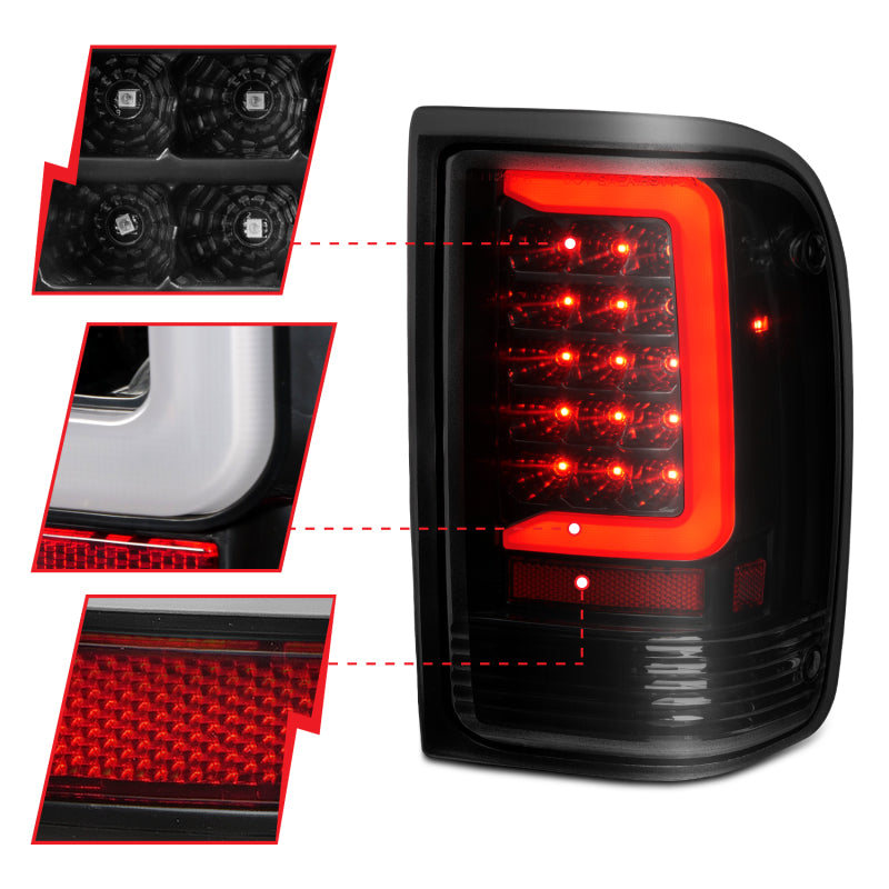 ANZO 1993-1997 Ford Ranger LED Tail Light Set with Light Bar, Smoke Lens, Black Housing