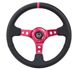 NRG Reinforced Steering Wheel 350mm Deep Black Leather with Fushia Center Mark and Stitching (Part Number: nrgRST-006FH)