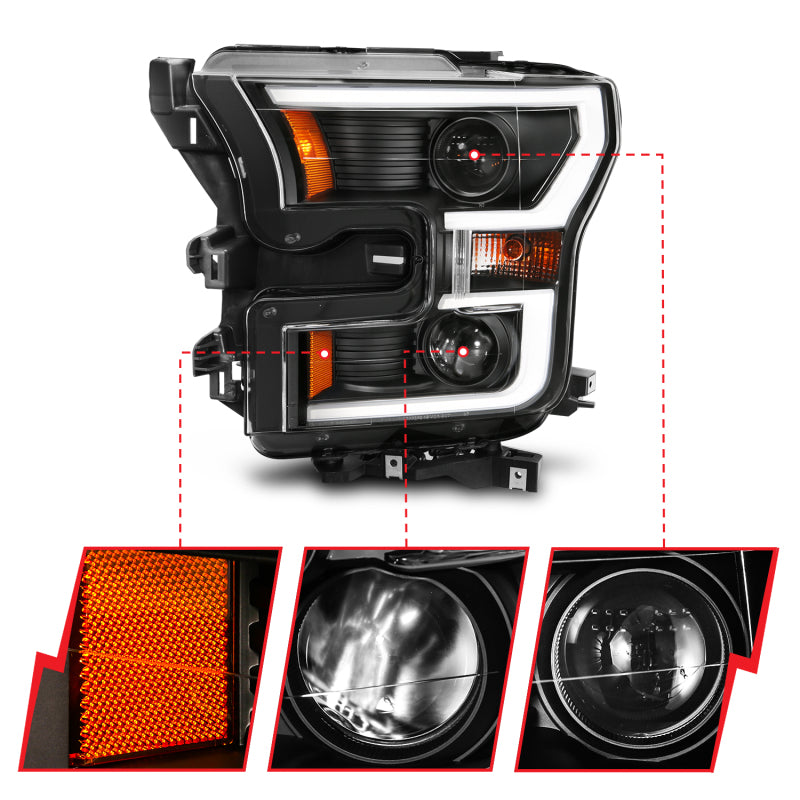 ANZO 2015-2017 Ford F-150 Projector Headlights with Plank Style Switchback in Black and Amber