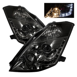 Spyder Nissan 350Z 2003-2005 Projector Headlights with Smoke Finish * Halogen Model, DRL LED Included (Part Number: PRO-YD-N350Z02-DRL-SM)