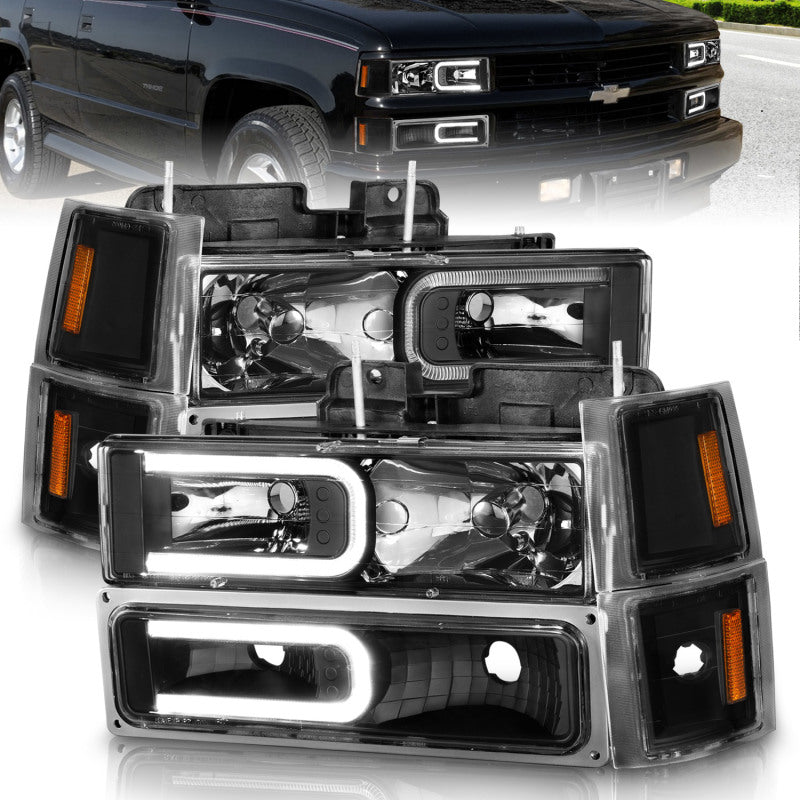 ANZO 88-98 Chevrolet C1500 Crystal Headlight Set with Light Bar, Black Housing, Clear Lens - Pair