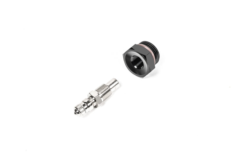 Radium Engineering 8AN ORB to Schrader Valve - Pressure Relief and Fuel Sampling Adapter