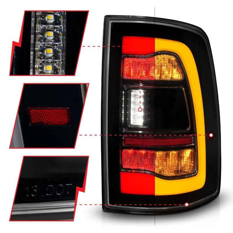 ANZO 09-18 Dodge Ram 1500 Sequential LED Tail Lights with Smoke Black Housing and Switchback Amber Signal