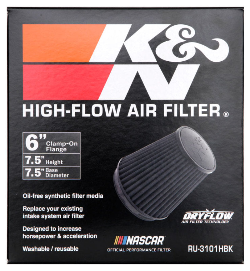 K&N Engineering RU-3101HBK Black Universal Rubber Air Filter * 6-inch Tapered Round Flange
