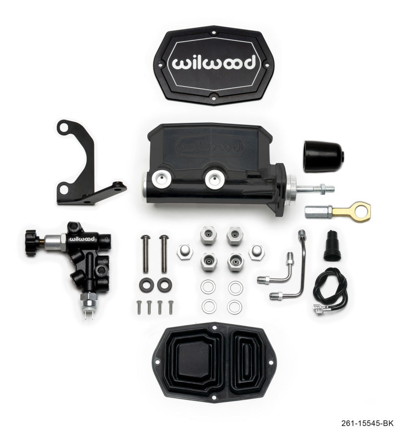 Wilwood Compact Tandem Master Cylinder 1.12-inch Bore with Bracket and Valve for Mustang (Pushrod) - Black