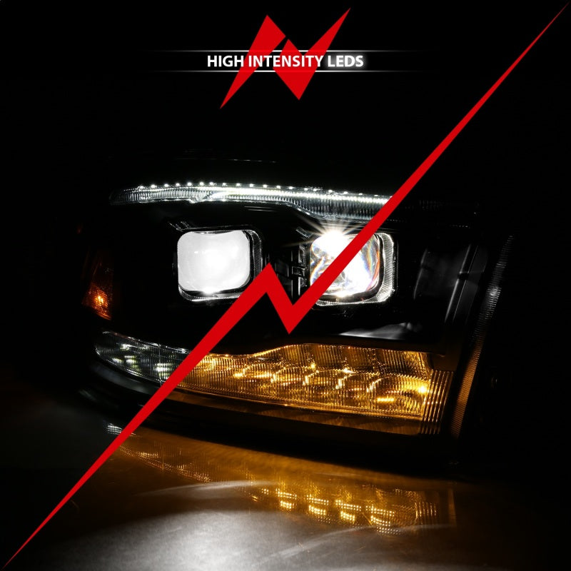 ANZO Part ANZ111464 LED Projector Headlight Set for Dodge Ram 1500 and Ram 2500, Black Housing with Amber Switchback, Pair