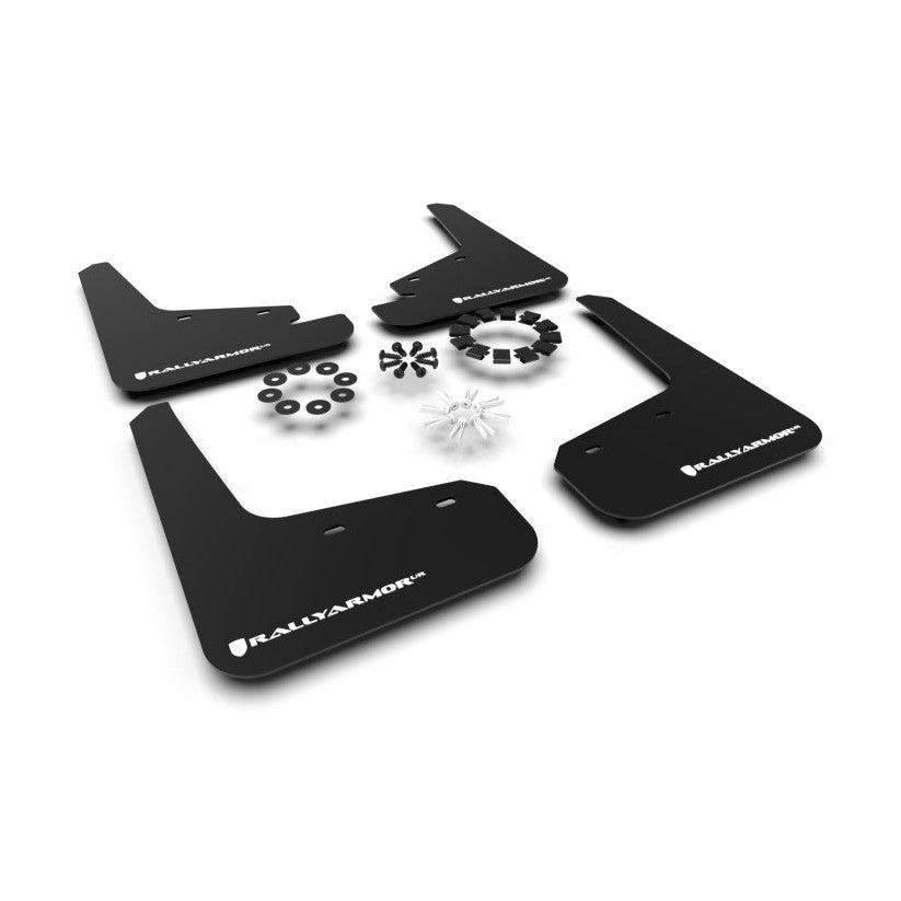 Rally Armor UR Series Mud Flaps for Tesla Model Y – Black with White Logo, Part Number RALMF72-UR-BLK/WH