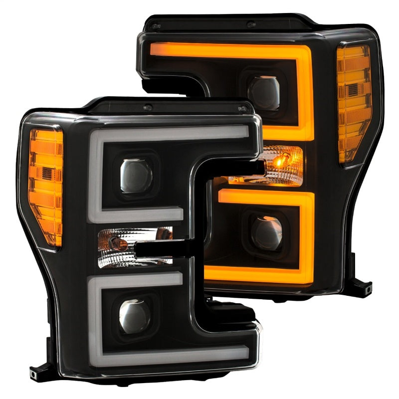 ANZO LED Headlights for 2017-2018 Ford F-250 and F-350 Super Duty – Black Plank-Style with Amber Switchback, Pair
