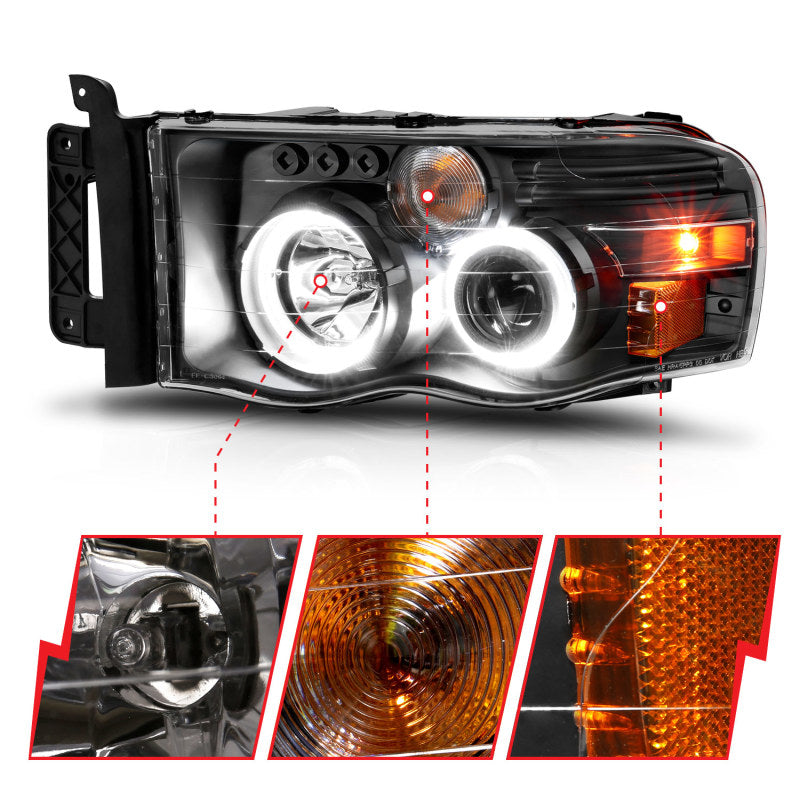ANZO 2002-2005 Dodge Ram 1500 Projector Headlights with Halo - Black Housing, Clear and Amber Lenses (Pair)