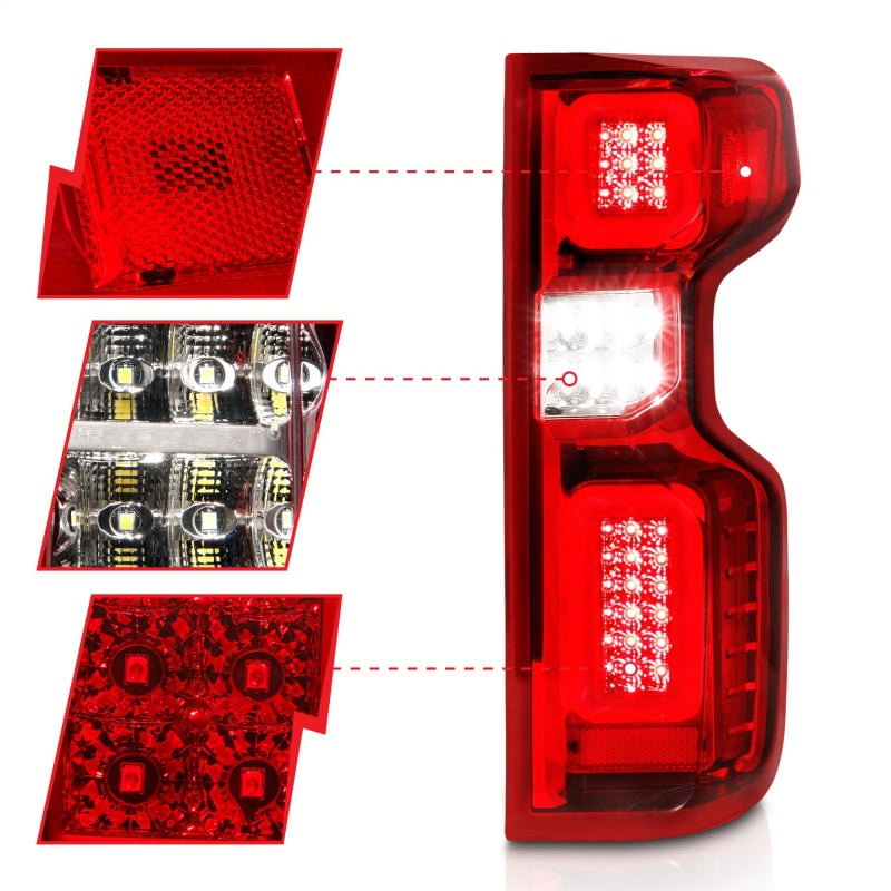 ANZO 19-21 Chevy Silverado Full LED Taillights with Light Bar - Chrome Housing, Red/Clear Lens, G2 Series