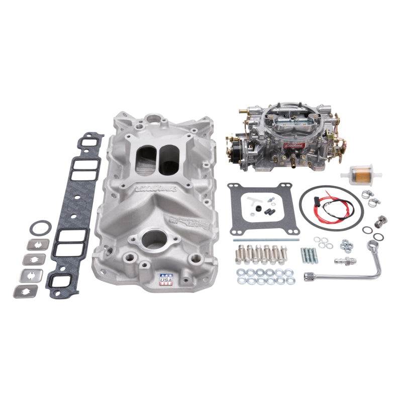 Edelbrock Part #2021 Small-Block Chevy Single-Quad Manifold and Carburetor Kit with Chrome Finish