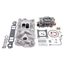 Load image into Gallery viewer, Edelbrock Part #2021 Small-Block Chevy Single-Quad Manifold and Carburetor Kit with Chrome Finish
