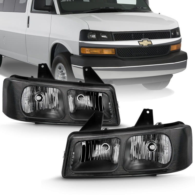 ANZO Crystal Headlight Set for Chevy Express and GMC Savana 2003-2017 – Clear Lens, Black Housing, Pair