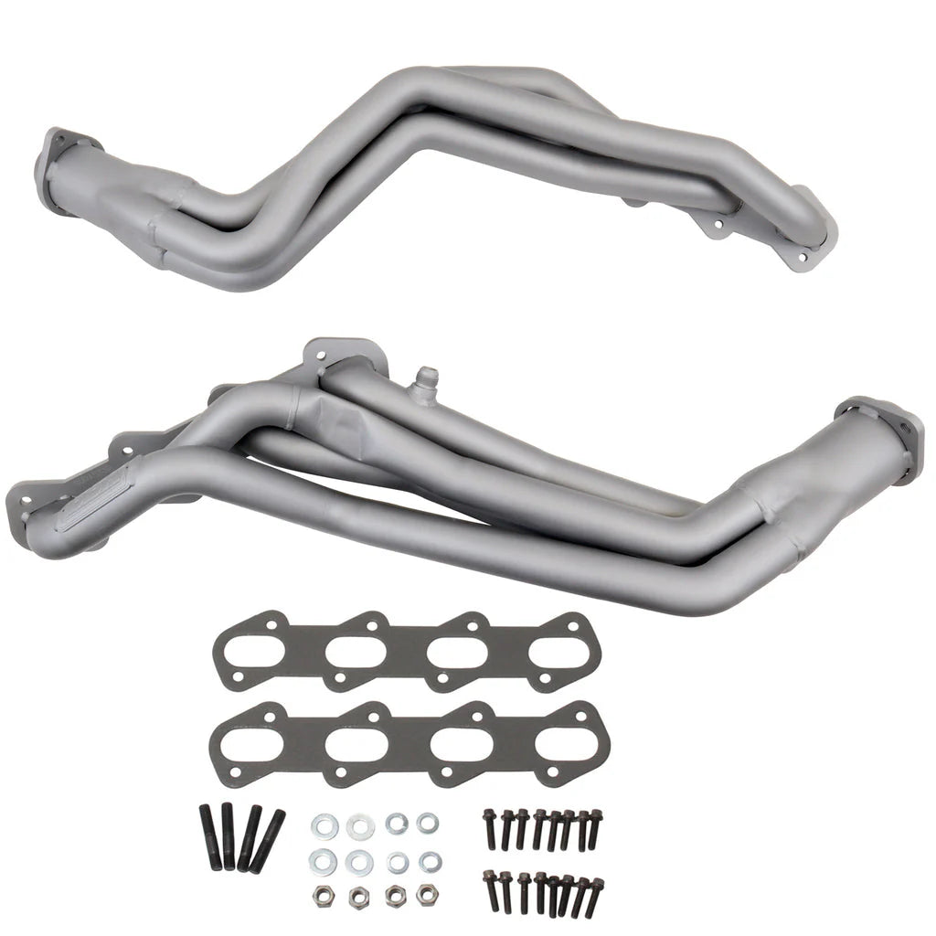 BBK 99-04 Ford Mustang Cobra and Mach 1 1-5/8 Inch Long Tube Header with Catted High Flow X-Pipe, Silver Ceramic Finish