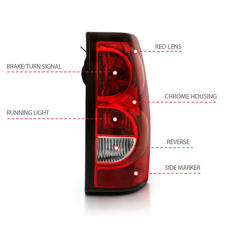 ANZO 2004-2007 Chevy Silverado Tail Light Assembly with Red/Clear Lens and Black Trim