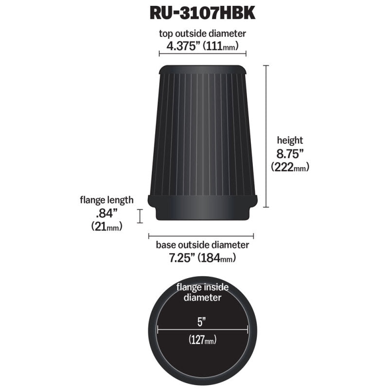 K&N Engineering Universal Air Filter for Jeep Wrangler * 5-inch Flange, 6-1/2-inch Base, 4-3/8-inch Top OD, 8-3/4-inch Height