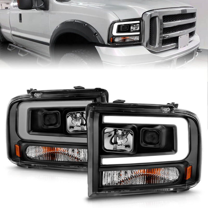 ANZO 99-04 Ford F-250/F-350/F-450 and Excursion Projector Headlights with Light Bar, Black Housing - Part ANZ111551