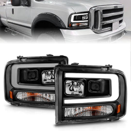 ANZO 99-04 Ford F-250/F-350/F-450 and Excursion Projector Headlights with Light Bar, Black Housing - Part ANZ111551