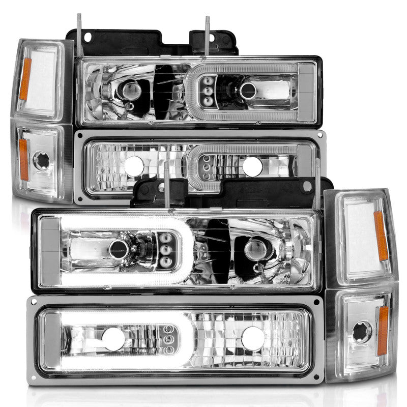 ANZO 88-98 Chevrolet C1500 Crystal Headlight Set with Light Bar - Chrome Housing and Clear Lenses (Pair)