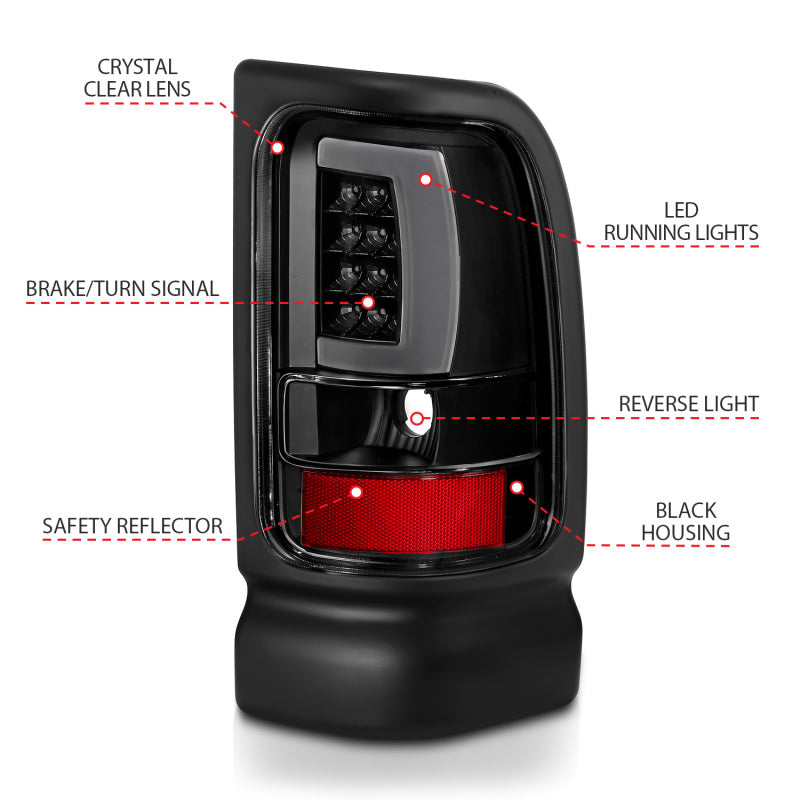 ANZO 1994-2001 Dodge Ram LED Tail Light Assembly with Clear Lens and Black Housing