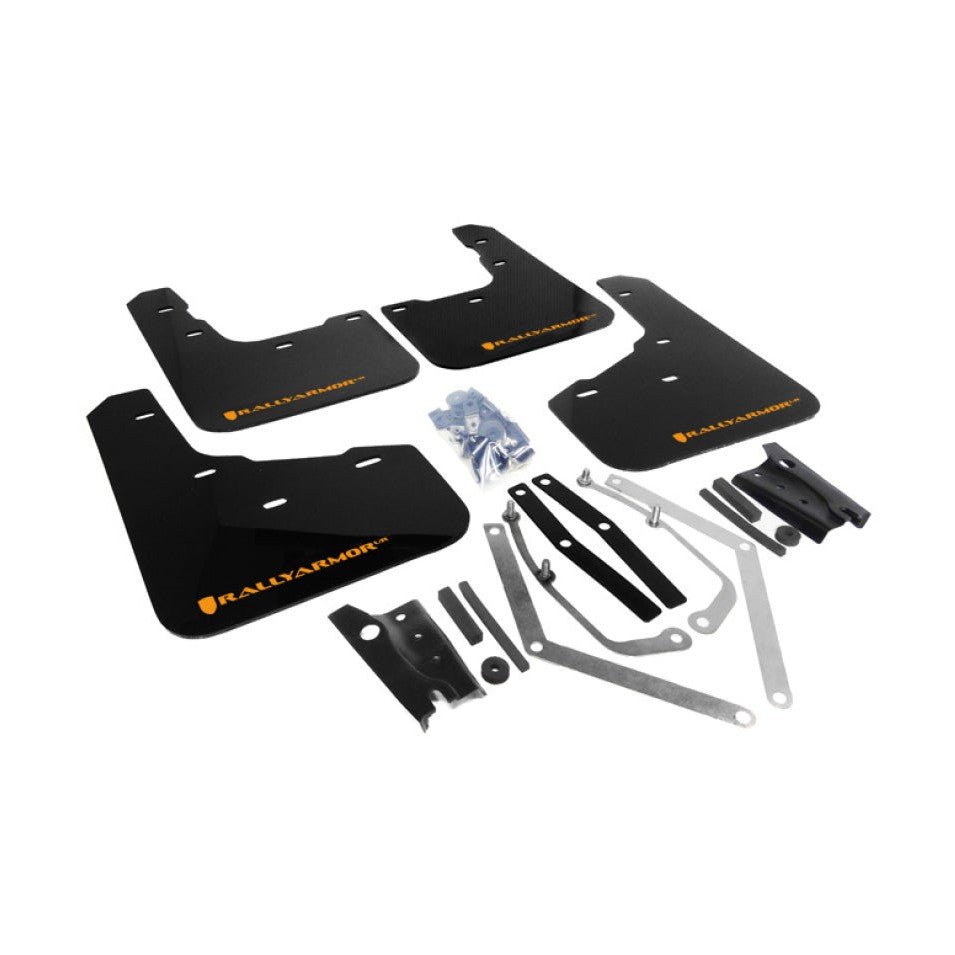 Rally Armor Mud Flap for 2013-2019 Ford Fiesta ST with Orange Logo, Black UR Design