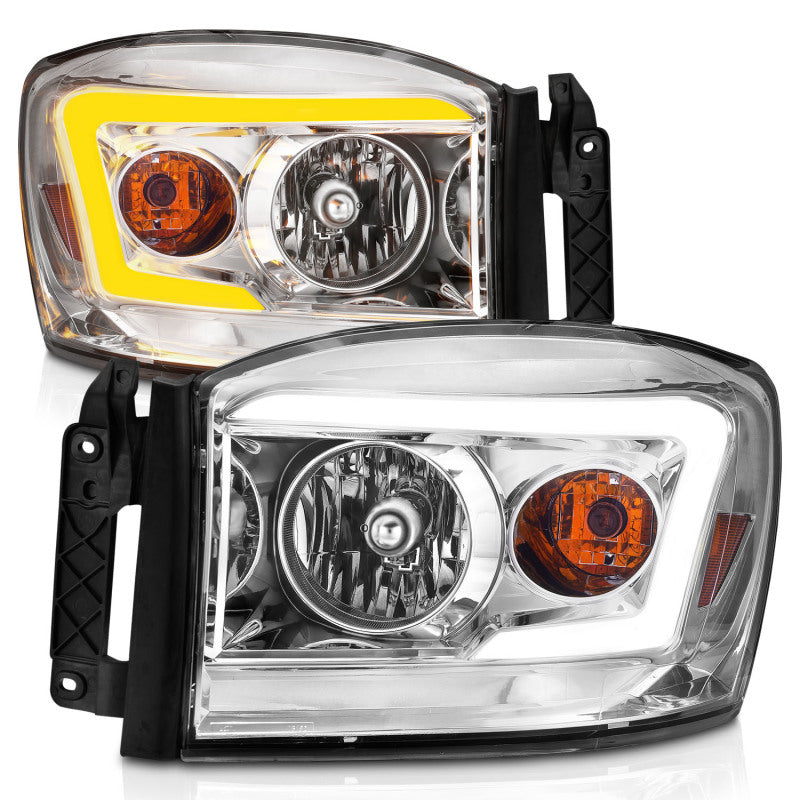 ANZO 06-09 Dodge Ram Headlights with Chrome Housing and Clear Lens – Switchback Light Bars, Pair