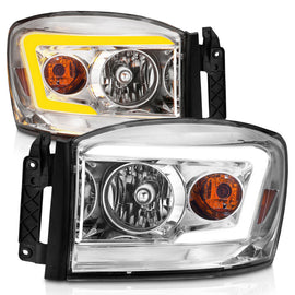 ANZO 06-09 Dodge Ram Headlights with Chrome Housing and Clear Lens – Switchback Light Bars, Pair
