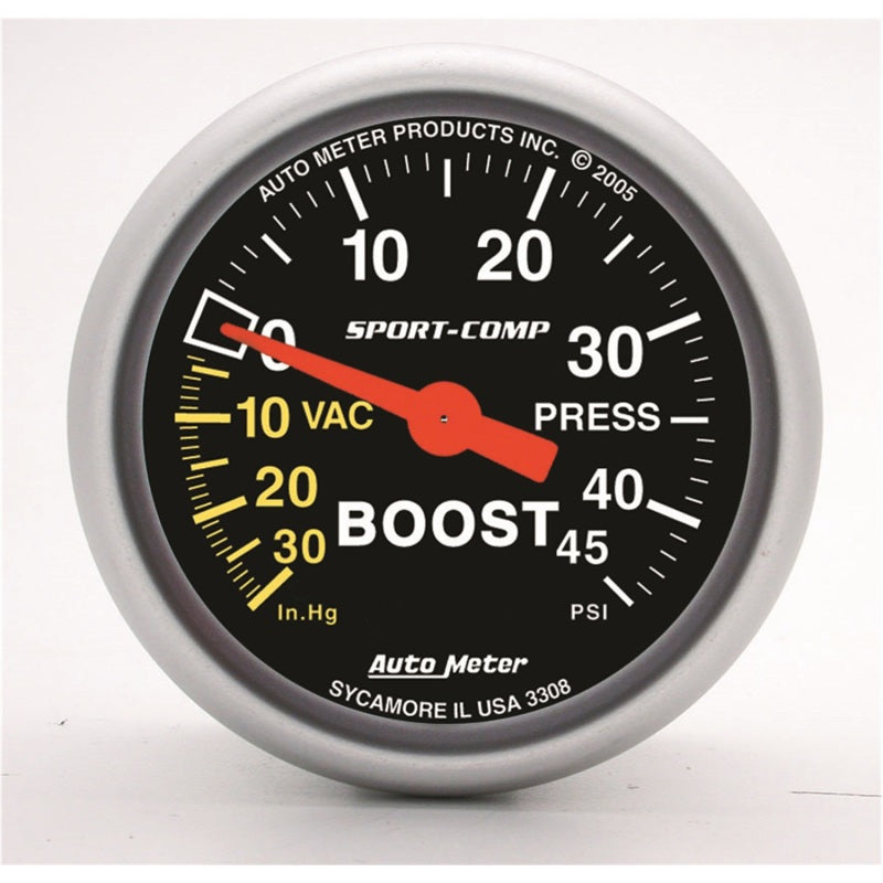 AutoMeter Sport-Comp 52mm 45 PSI Mechanical Boost Gauge for Automotive Performance