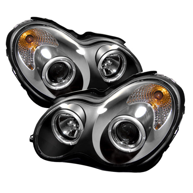 Spyder Mercedes-Benz C-Class 2001-2005 Halogen Projector Headlights with Black Finish and Halo Rings - Part Number PRO-YD-MBW203-HL-BK