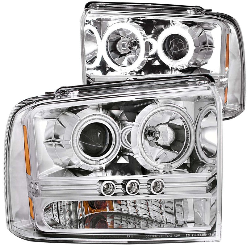 ANZO 2005-2007 Ford Excursion Projector Headlights with Halo and LED Strip, Chrome Housing Pair