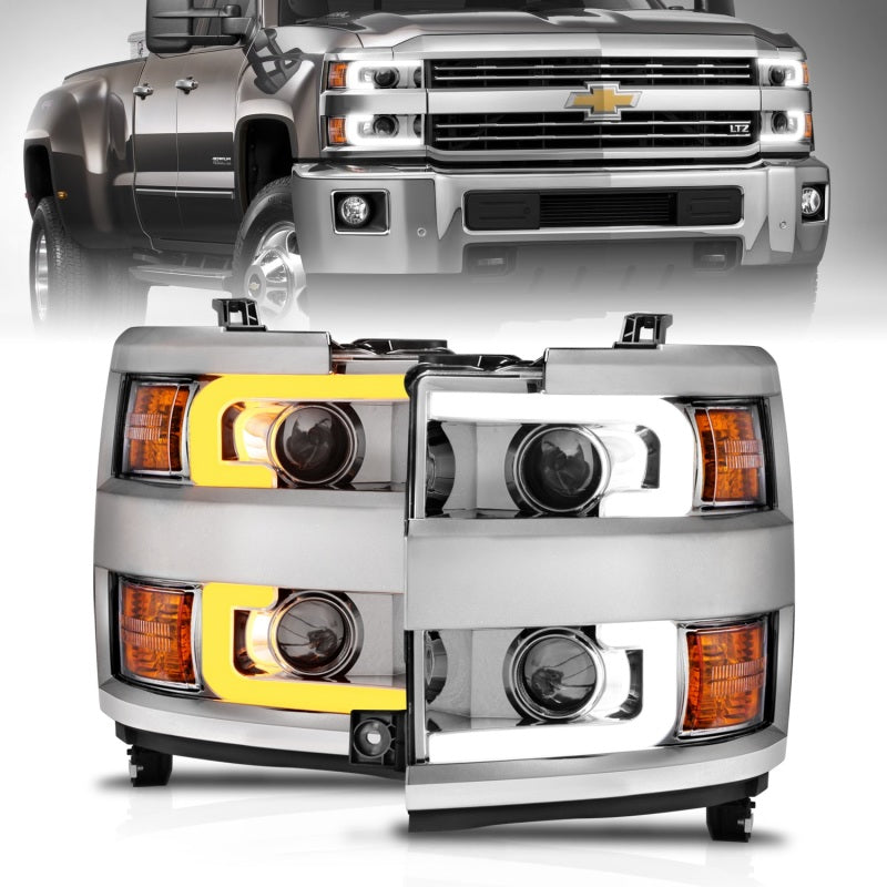 ANZO Projector Headlights for 2015-2016 Chevrolet Silverado 2500HD & 3500HD, Chrome with Clear Lens and Switchback Plank Style