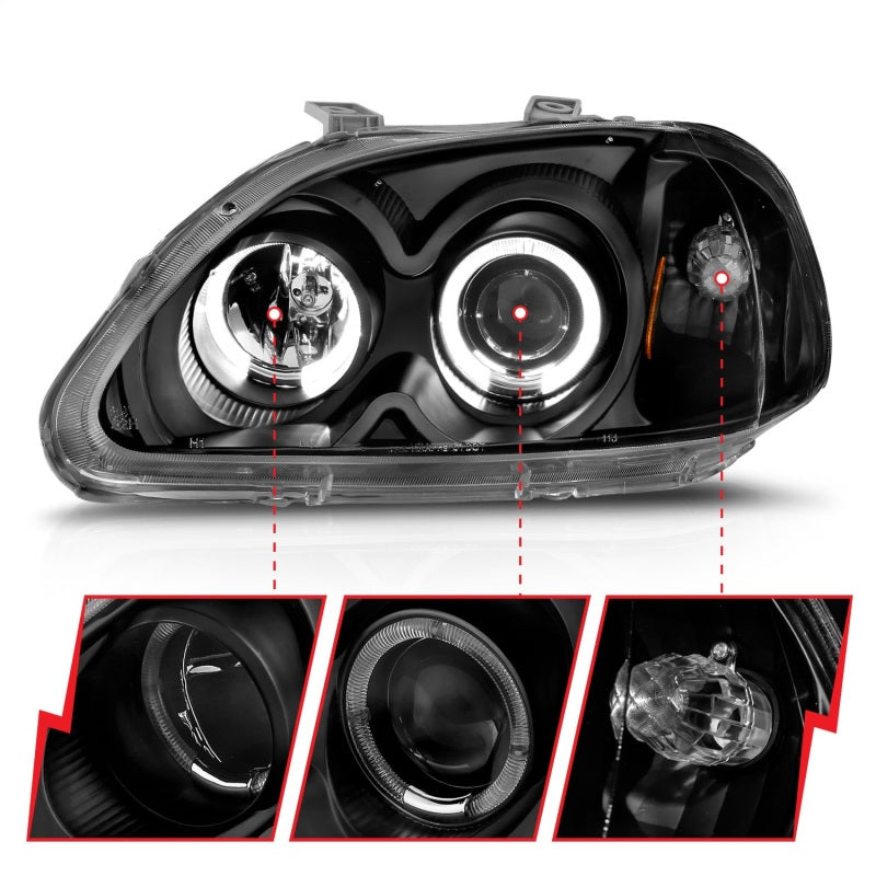 ANZO 1996-1998 Honda Civic Projector Headlights with Halo, Black Housing, Clear Lens – Pair