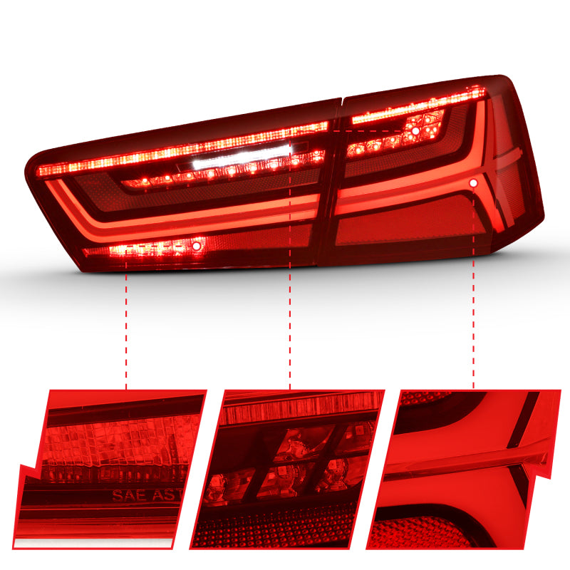 ANZO 2012-2018 Audi A6 LED Tail Light Assembly with Sequential Signal - Black Housing, Red and Clear Lens, Pair