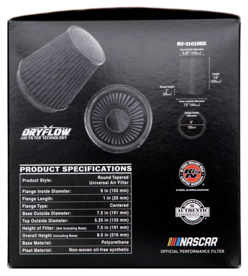 K&N Engineering RU-3101HBK Black Universal Rubber Air Filter * 6-inch Tapered Round Flange