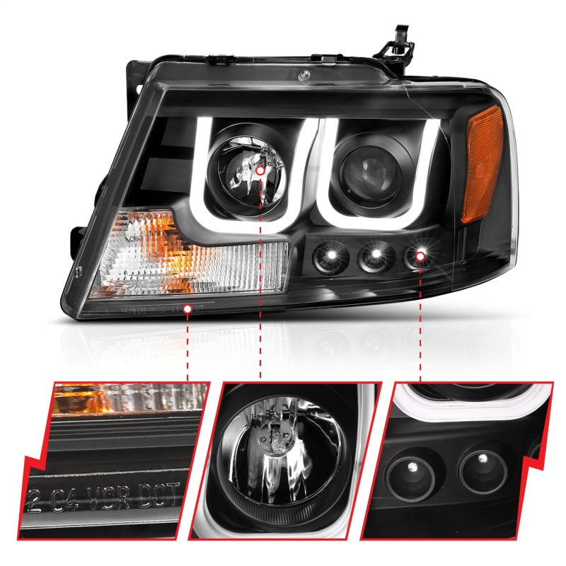 ANZO 2004-2008 Ford F-150 Projector Headlights with U-Bar Black Housing Pair - Clear Lens