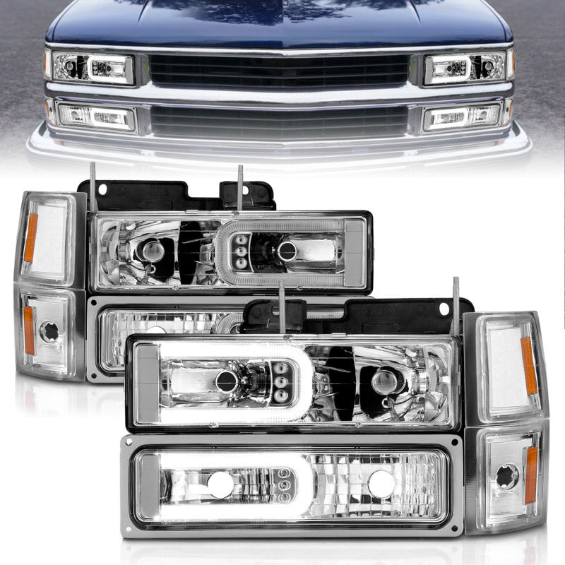 ANZO 88-98 Chevrolet C1500 Crystal Headlight Set with Light Bar - Chrome Housing and Clear Lenses (Pair)