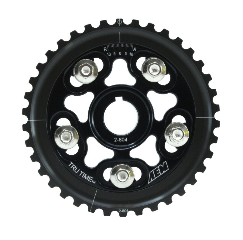 AEM Tru-Time Adjustable Camshaft Gear for Honda D16 Engines - Black Anodized, 5-Bolt Design