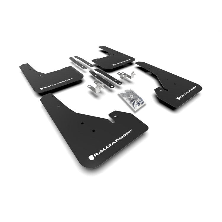 Rally Armor UR Series Mud Flaps for Toyota Corolla Hatchback — Black with White Logo Part #ralMF67-UR-BLK/WH