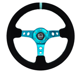NRG Reinforced Steering Wheel 350mm Black Suede with Teal Center Mark and Stitching * Part Number nrgRST-006S-TL