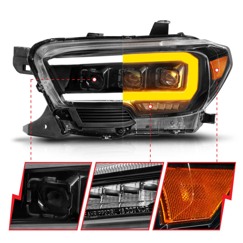 ANZO 16-22 Toyota Tacoma LED Projector Headlights with Light Bar and Sequential Lighting - Black Housing with Initiation Light