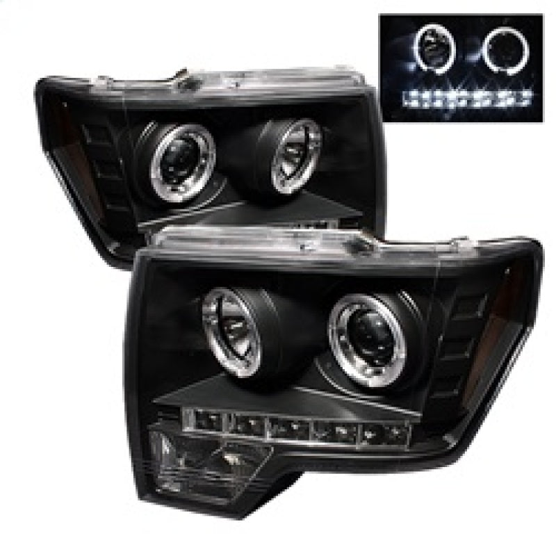Spyder Ford F-150 2009-2014 Halo LED Projector Headlights * Black, Halogen Model, Part No. PRO-YD-FF15009-HL-BK