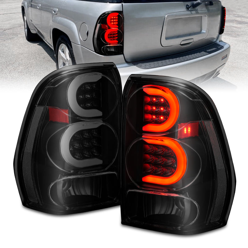 ANZO 2002-2009 Chevrolet Trailblazer LED Tail Lights with Light Bar, Black Housing, Smoke Lens