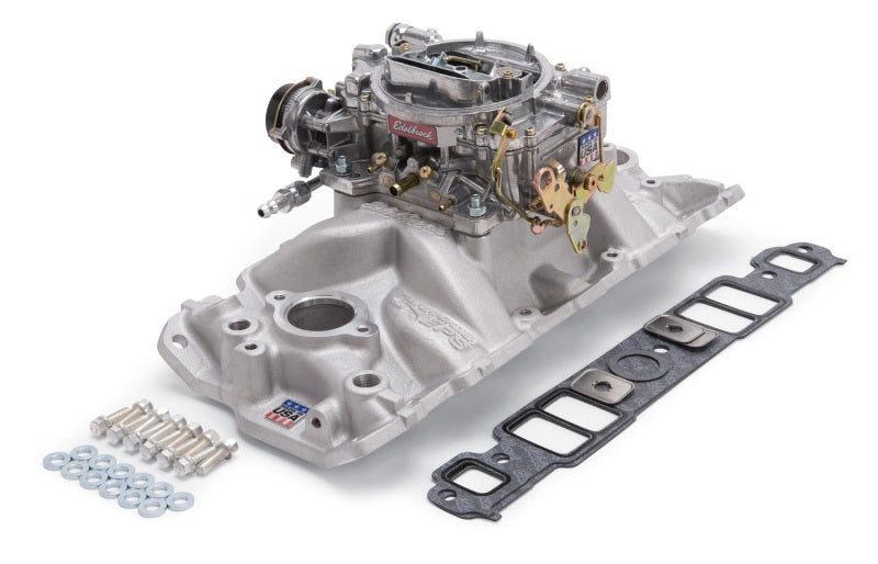Edelbrock Part #2021 Small-Block Chevy Single-Quad Manifold and Carburetor Kit with Chrome Finish