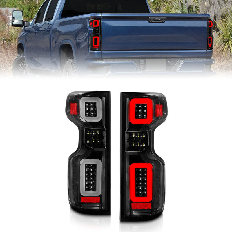 ANZO 19-21 Chevy Silverado Full LED Taillights with Light Bars – Black Housing, Clear Lens, Sequential Design